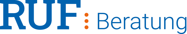 The image shows the logo RUF: Beratung with RUF in bold blue letters, an orange colon, and Beratung in a thinner blue font on a white background. - RUF Beratung - Ihre Contact Center Berater