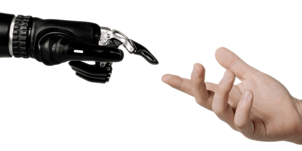Vor einem weißen Hintergrund strecken sich eine Roboterhand und eine menschliche Hand aufeinander zu, ihre Finger berühren sich fast. - RUF Beratung - Ihre Contact Center Berater
