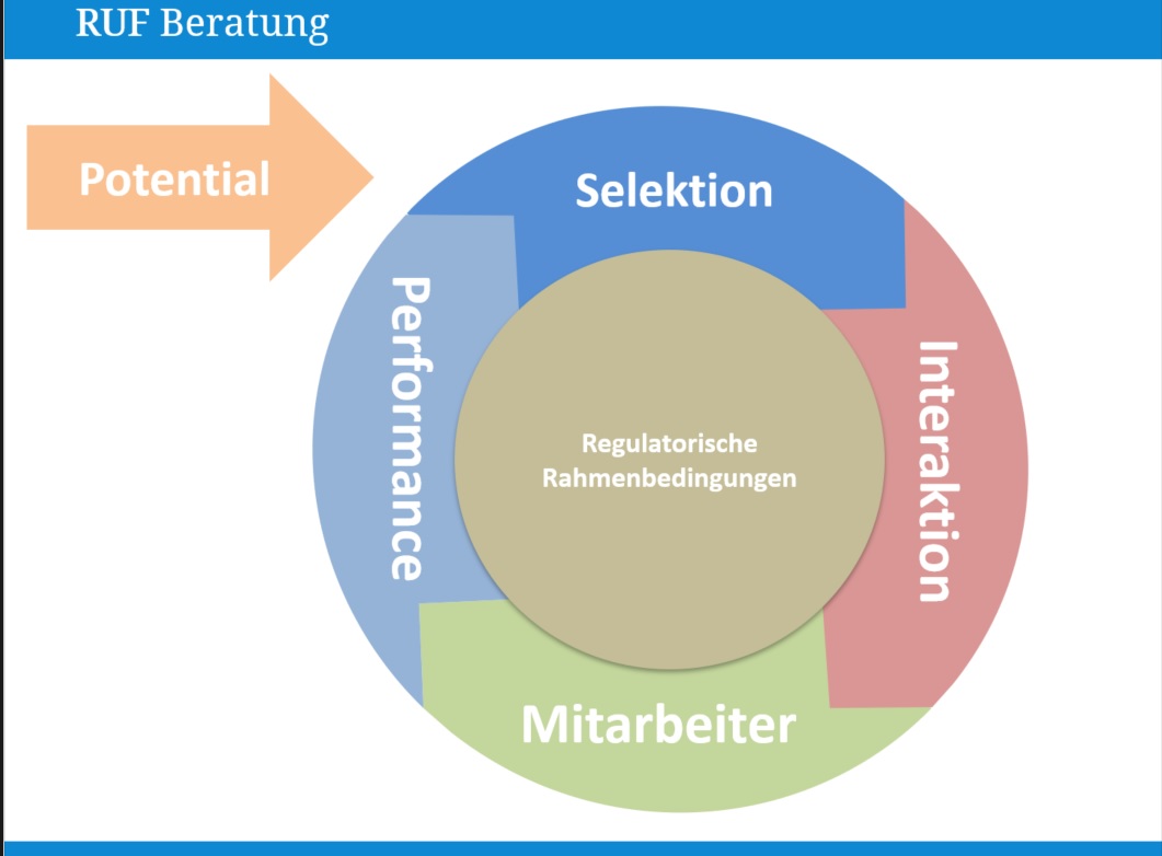 Kreisförmige Infografik mit dem Titel „RUF Beratung“, die einen Pfeil mit der Aufschrift „Potenzial“ zeigt, der auf einen Kreis zeigt, der in Selektion, Performance, Interaktion und Mitarbeiter – einschließlich Telesales – unterteilt ist, mit einem Zentrum mit der Aufschrift „Regulatorische Rahmenbedingungen“. - RUF Beratung - Ihre Contact Center Berater