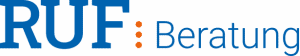 Logo with the word RUF in large blue letters, followed by three vertical orange dots and the word Beratung in smaller blue letters on a dark background. - RUF Beratung - Ihre Contact Center Berater