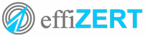 Logo featuring a circular design with an upward-pointing arrow on the left and the text effiZERT to the right, with effi in gray and ZERT in bright blue. - RUF Beratung - Ihre Contact Center Berater