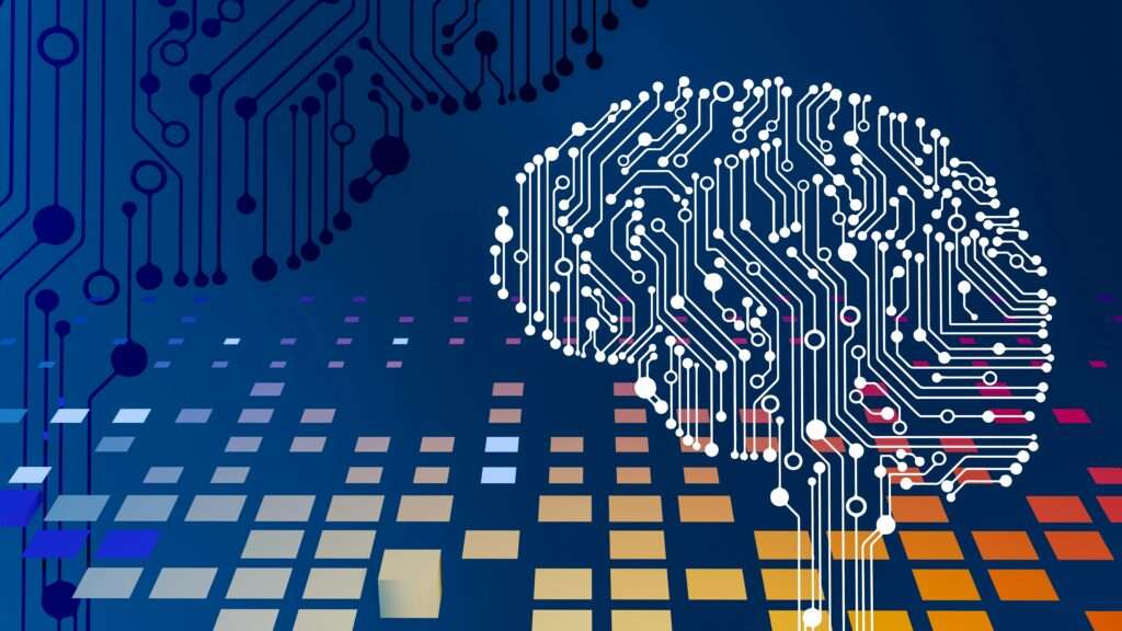 Digitale Illustration eines Gehirns, das aus miteinander verbundenen Schaltkreisen und Knoten besteht, vor einem blauen Hintergrund mit pixelartigen farbigen Quadraten – als Symbol für KI im Kundenservice, künstliche Intelligenz und innovative Technologie. - RUF Beratung - Ihre Contact Center Berater