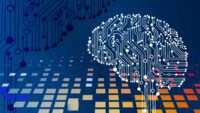 Digitale Illustration eines Gehirns, das aus miteinander verbundenen Schaltkreisen und Knoten besteht, vor einem blauen Hintergrund mit pixelartigen farbigen Quadraten – als Symbol für KI im Kundenservice, künstliche Intelligenz und innovative Technologie. - RUF Beratung - Ihre Contact Center Berater
