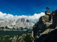 Eine gelbe Seilbahn fährt einen steilen, felsigen Berghang hinauf und präsentiert Qualitäts-Management, während sie unter einem strahlend blauen Himmel mit vereinzelten Wolken an dramatischen Gipfeln und grünen Wäldern vorbei nach oben fährt. - RUF Beratung - Ihre Contact Center Berater