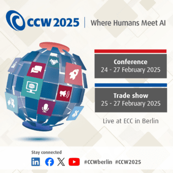 A digital globe with technology icons promotes CCW 2025, themed “Where Humans Meet AI.” Conference: 24–27 Feb 2025; Trade show: 25–27 Feb 2025, ECC Berlin. Social media icons and hashtags shown at the bottom. - RUF Beratung - Ihre Contact Center Berater