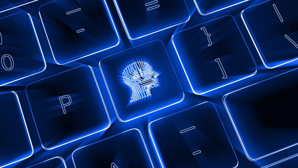 Eine leuchtende Tastatur zeigt eine hervorgehobene Taste mit dem Profil eines menschlichen Kopfes, gefüllt mit kreisähnlichen Linien. Sie symbolisiert die Konversationsautomatisierung: Wie KI-Agenten den Kundenservice revolutionieren. Die umliegenden Tasten leuchten blau. - RUF Beratung - Ihre Contact Center Berater